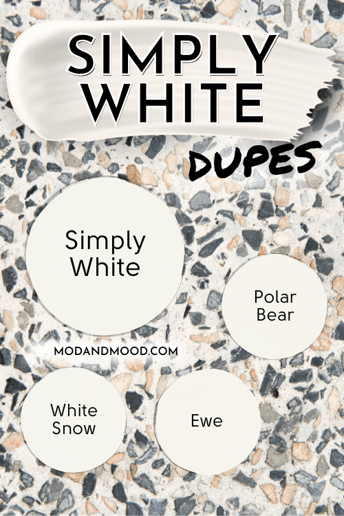 Benjamin Moore Simply White swatched as a large paint dot with smaller paint dots surrounding it of dupes: Polar Bear, Ewe, and White Snow.