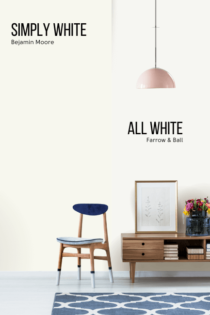 Simply White vs Farrow & Ball All White on a wall behind a wooden side table and chair. A pink pendant lamp hangs from the ceiling.