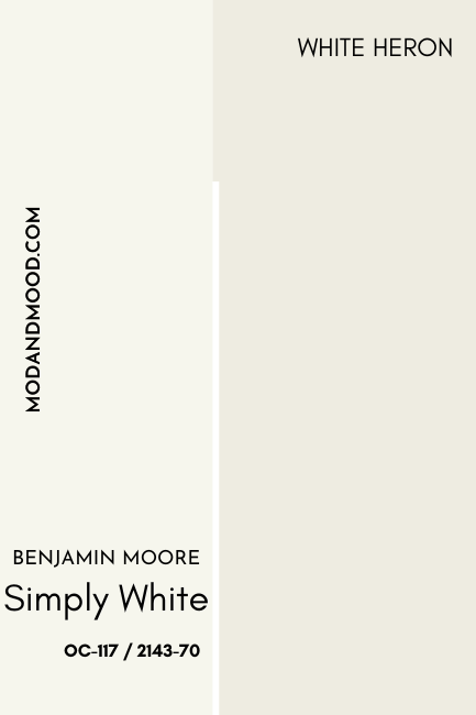 Benjamin Moore Simply White color card with White Heron on the other half to show the comparison.