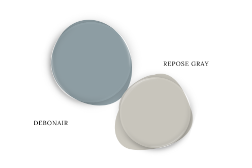 Sherwin Williams Debonair Paint dot beside the same of complementary color Repose Gray