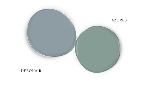 Sherwin Williams Debonair Paint dot beside the same of coordinating color Benjamin Moore Azores
