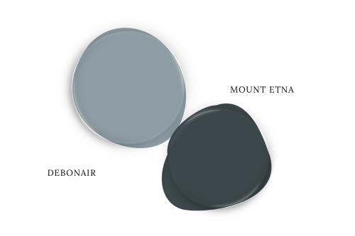 Sherwin Williams Debonair Paint dot beside the same of coordinating color Mount Etna