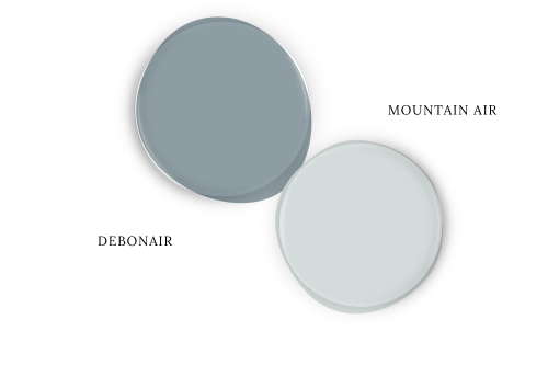 Sherwin Williams Debonair Paint dot beside the same of coordinating color Mountain Air