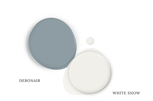 Sherwin Williams Debonair Paint dot beside the same of coordinating color White Snow