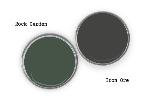 Sherwin Williams Rock Garden swatched beside coordinating color Sherwin Williams Iron Ore