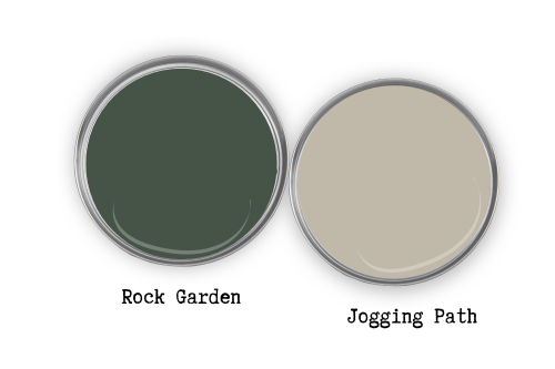 Sherwin Williams Rock Garden swatched beside coordinating color Sherwin Williams Jogging Path