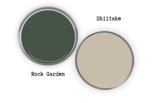 Sherwin Williams Rock Garden swatched beside coordinating color Sherwin Williams Shiitake.