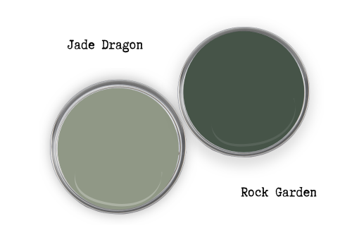 Sherwin Williams Rock Garden swatched beside coordinating color Sherwin Williams Jade Dragon