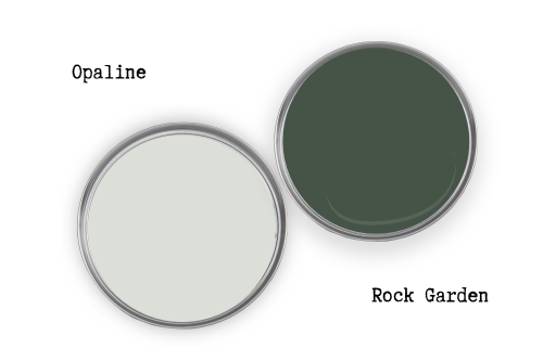 Sherwin Williams Rock Garden swatched beside coordinating color Sherwin Williams Opaline