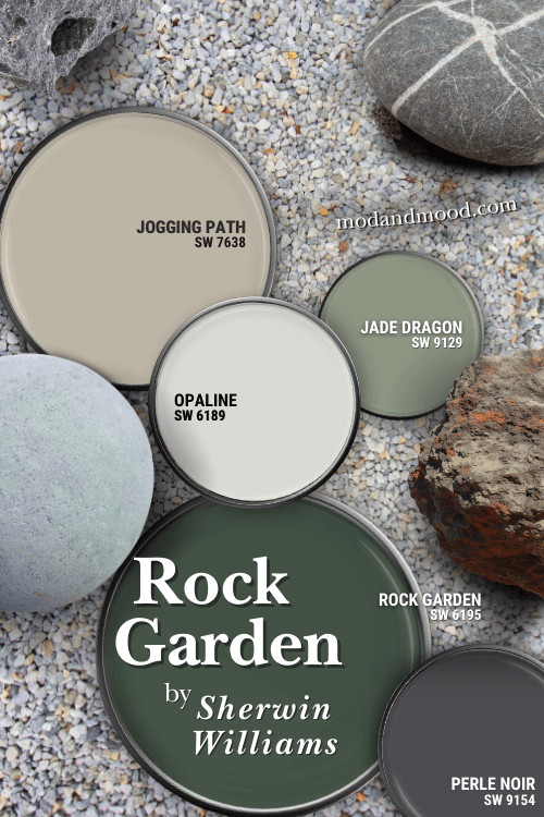 A rock garden with big stones over small gravel and paint colors scattered around on paint lids. Colors are Rock Garden and coordinating colors Opaline, Jogging Path, Jade Dragon, and complementary color Perle Noir.