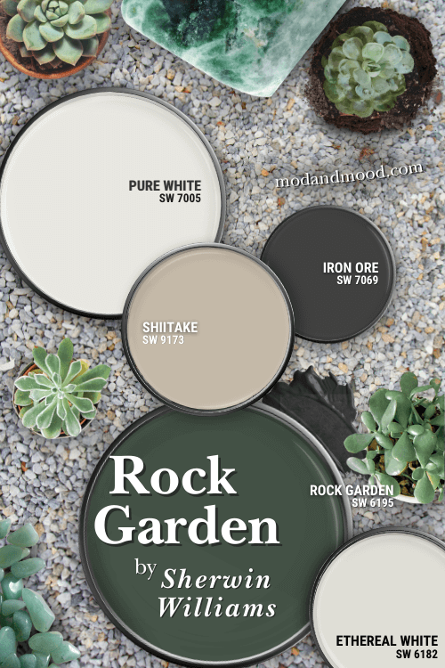 Sherwin Williams Rock Garden displayed on a paint lid in a rock and succulent garden alongside coordinating colors Shiitake, Pure White, Iron Ore, and Ethereal White, also on paint lids.