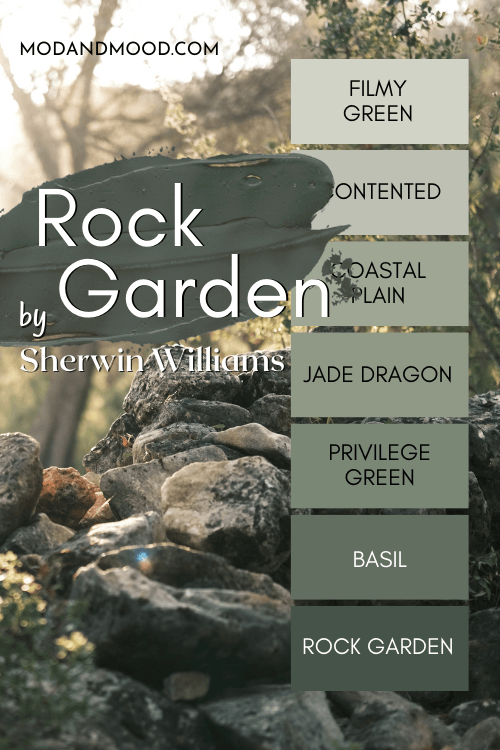 The Sherwin Williams Rock Garden color strip features colors from light to dark: Filmy Green, Contented, Coastal Plain, Jade Dragon, Privilege Green, Basil, and Rock Garden, all over a background of rocks in a dreamy looking nature garden.