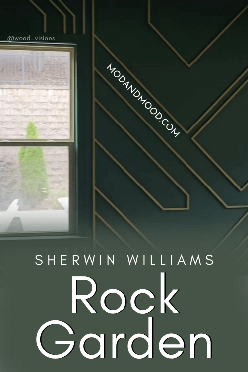 Swatch of Sherwin Williams Rock Garden below a photo of that color on a wall with gold accents