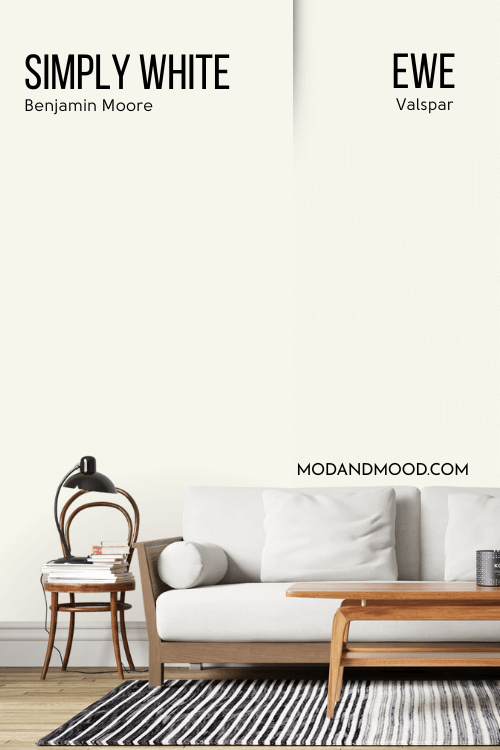 Valspar Ewe on one half of a wall and Benjamin Moore Simply white on the other half behind a wood framed sofa with white cushions.