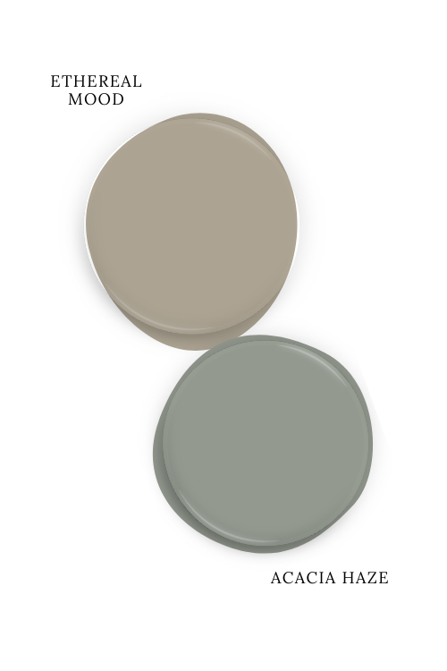 Sherwin Williams Ethereal Mood swatched above Acacia Haze.