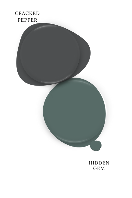 Behr Hidden Gem swatched below coordinating color Behr Cracked Pepper