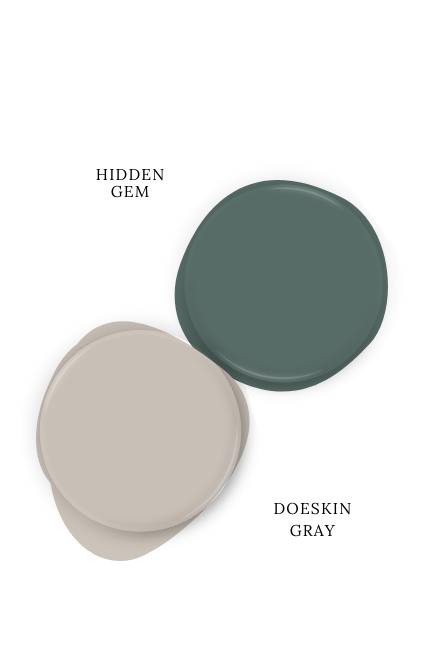 Behr Hidden Gem swatched above coordinating color Behr Doeskin Gray