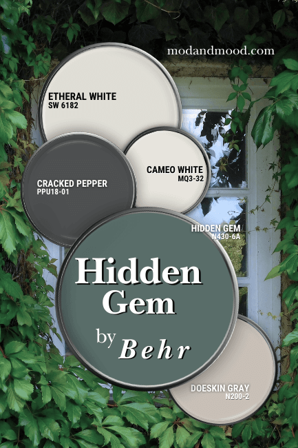 Behr Hidden Gem in a color palette with Behr colors Cracked Pepper, Cameo White, Doeskin Gray, and Sherwin Williams Ethereal White, over a background of creeping vines around a white window.