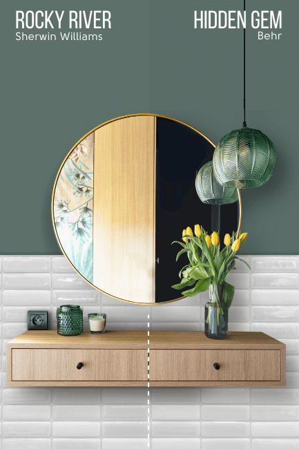 Behr Hidden Gem on a bathroom wall with tiles on the lower part and a round mirror and floating wood vanity.