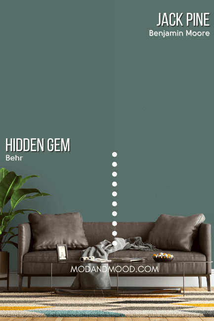 Behr Hidden Gem on half of a wall behind a brown leather sofa and Benjamin Moore dupe Jack Pine on the other half.