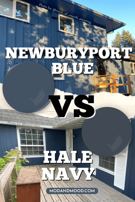 Benjamin Moore Newburyport Blue on an exterior, above a photo of Hale Navy on an exterior.