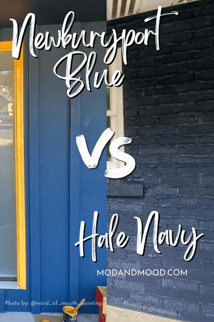 Benjamin Moore Newburyport Blue on an exterior and Hale Navy on an exterior, positioned side by side.