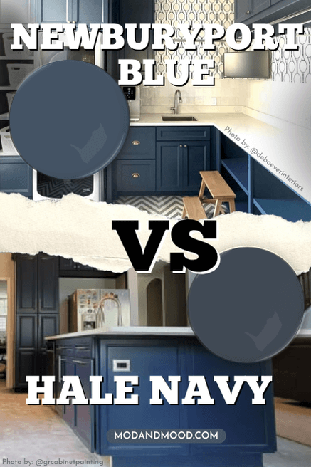 Newburyport Blue swatched over a photo of the same color on cabinets, above the same of Hale Navy: Swatch and cabinets.