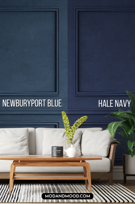 Benjamin Moore Newburyport Blue on half of a wall and Hale Navy on the other half behind a white sofa and wood coffee table.