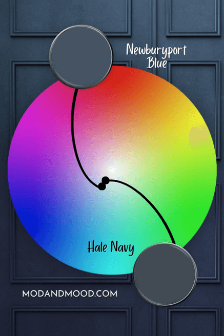 Benjamin Moore Newburyport Blue swatched beside an arrow pointing out its location on the color wheel, and the same of Hale Navy.