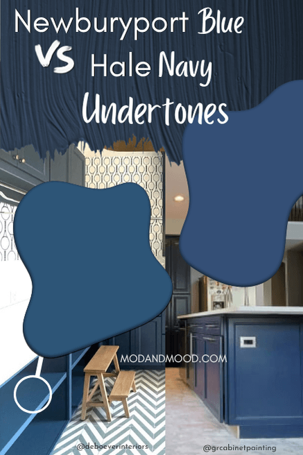 Newburyport Blue and Hale Navy Undertones shown together in swatches taken from photos of each color on cabinets.