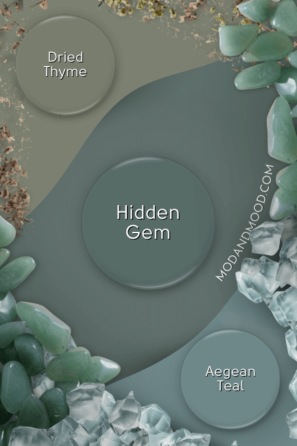 Hidden Gem, Dried Thyme, and Aegean Teal arranged on matching backgrounds in thirds on the page.