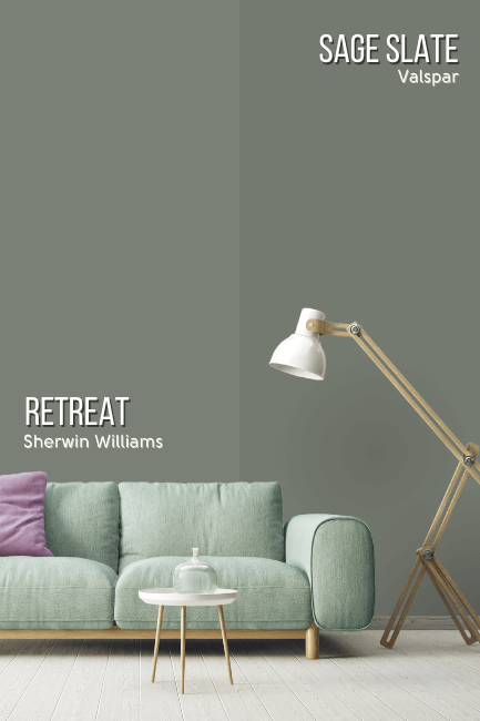 Sherwin Williams Retreat vs Valspar Sage Slate, each on half of a wall in a living room behind a mint green sofa and a wooden floor lamp