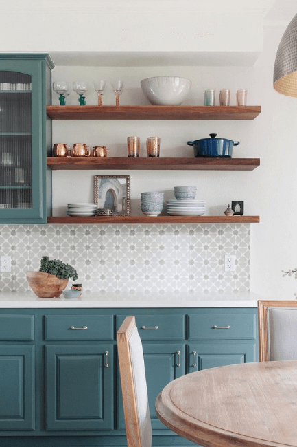 Sherwin Williams Rocky River on kitchen cabinets, a dupe for Behr Hidden Gem