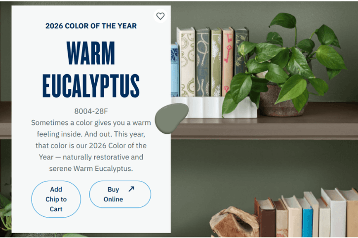 Screenshot of Valspar.com for the announcement of warm eucalyptus as the color of the year.
