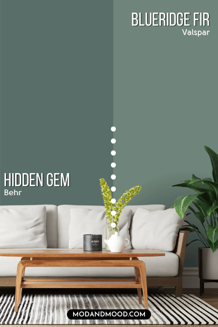 Behr Hidden Gem on half of a wall behind a white sofa and Valspar dupe Blueridge Fir on the other half.