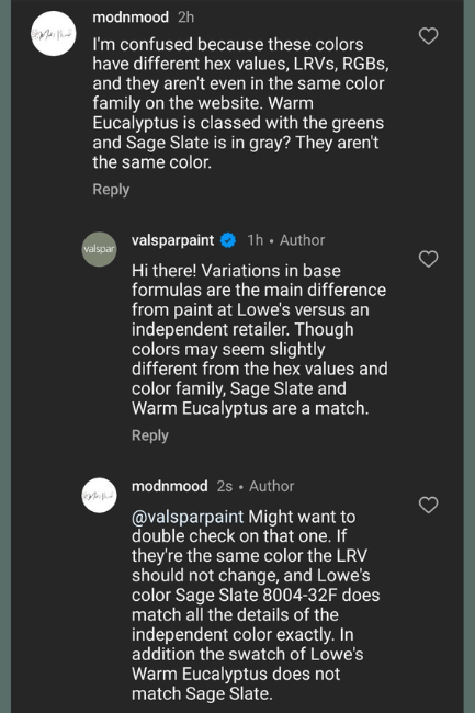 Valspar and I messaging about the colors where they deny the difference.