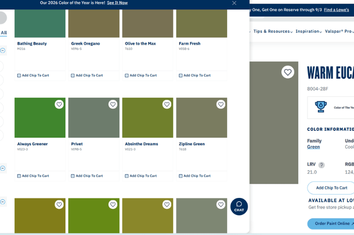 A list of green thumbnails compared to Valspar Warm Eucalyptus from the Independent retailers site.