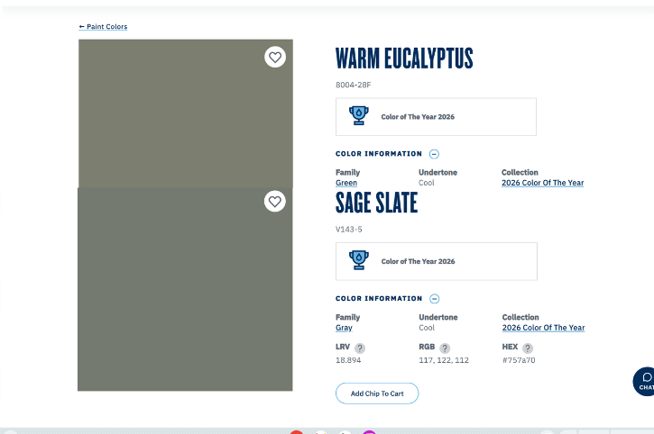 Swatches of Warm Eucalyptus and Sage Slate compared from the website.