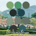 All 10 shades of Go Away Green over a background of a theme park