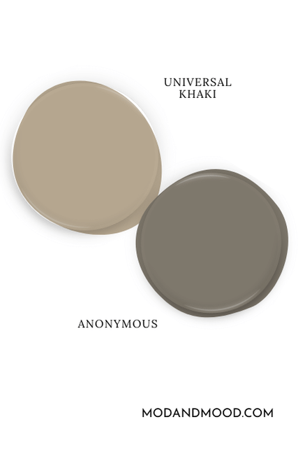 Sherwin Williams Universal Khaki paint dot swatched above a dot of Anonymous.
