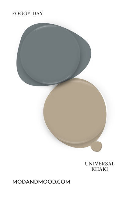 Sherwin Williams Universal Khaki paint dot swatched above a dot of Foggy Day.