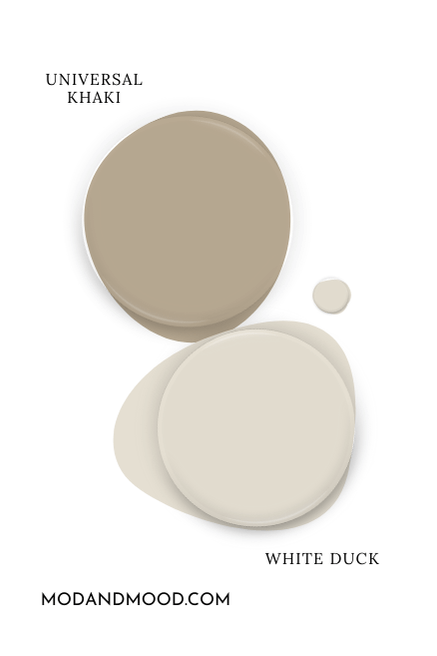 Sherwin Williams Universal Khaki paint dot swatched above a dot of White Duck.