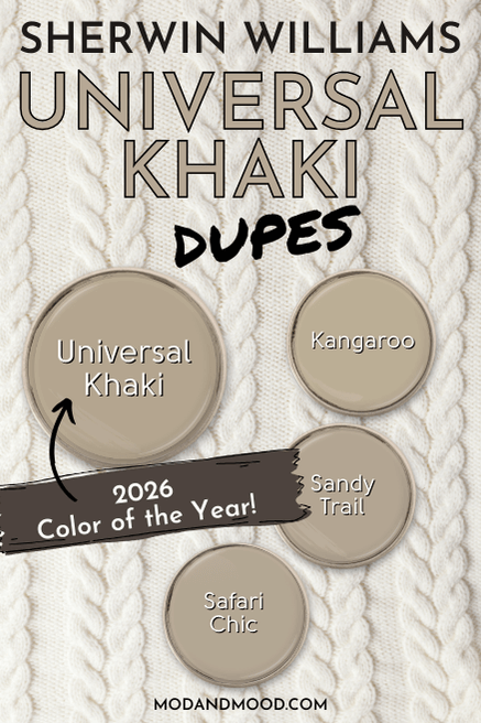 Graphic reads "Sherwin Williams Universal Khaki" dupes with swatches of Universal Khaki and three dupes. Dupes are Kangaroo, Sandy Trail, and Safari Chic. Background is a cozy cream cable knit.