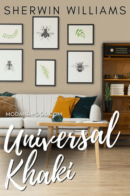 Sherwin Williams Universal Khaki on a living room gallery wall behind a white sofa.