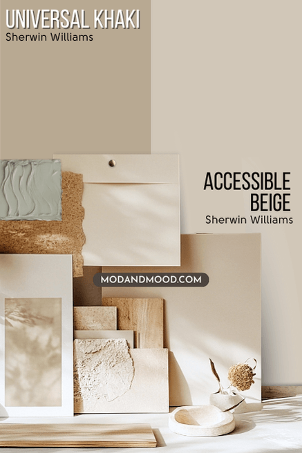Sherwin Williams Universal Khaki on half of a wall and Accessible Beige on the other half behind neutral decor and texture samples.