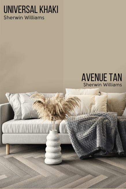 Sherwin Williams Universal Khaki on half of a wall and Avenue Tan on the other half behind a light gray velvet sofa.