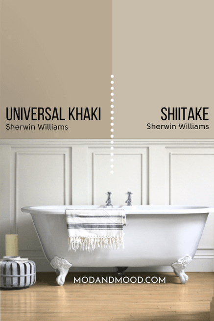 Sherwin Williams Universal Khaki on half of a wall and Shiitake on the other half behind a white clawfoot tub and creamy white wainscoting in a bathroom.
