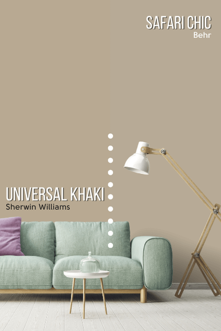 Sherwin Williams Universal Khaki on half of a wall and Behr equivalent Safari Chic on the other half behind a mint green sofa.