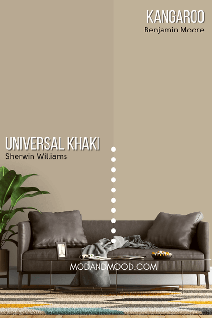 Sherwin Williams Universal Khaki on half of a wall and Benjamin Moore equivalent Kangaroo on the other half behind a gray leather sofa.