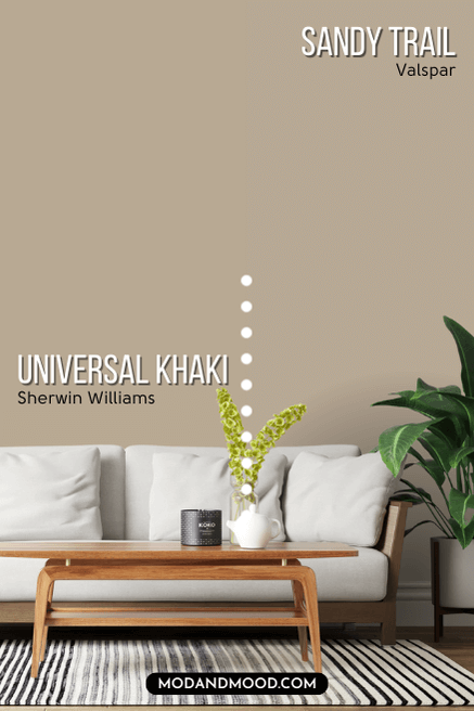 Sherwin Williams Universal Khaki on half of a wall and Valspar alternative Sandy Trail on the other half behind a white sofa.